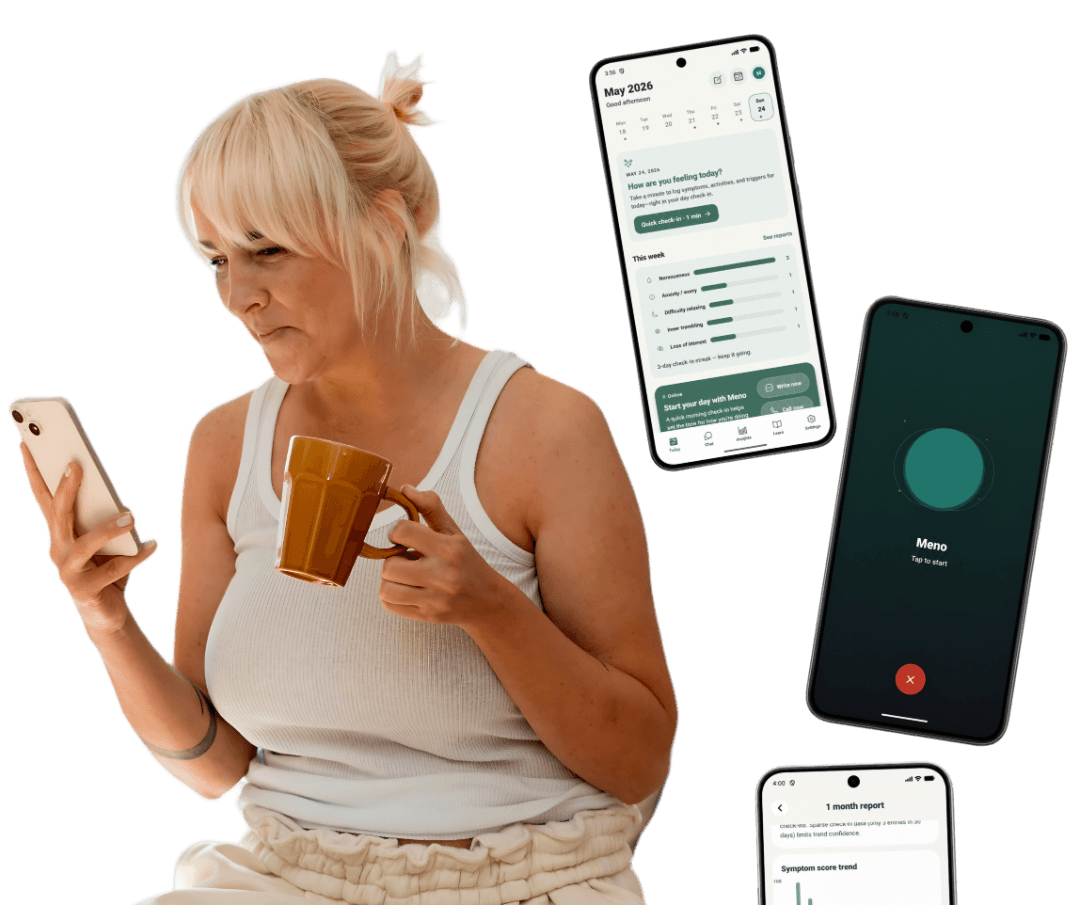 Meno app preview: person using the app beside floating phone screens with calendar, check-in, and monthly report